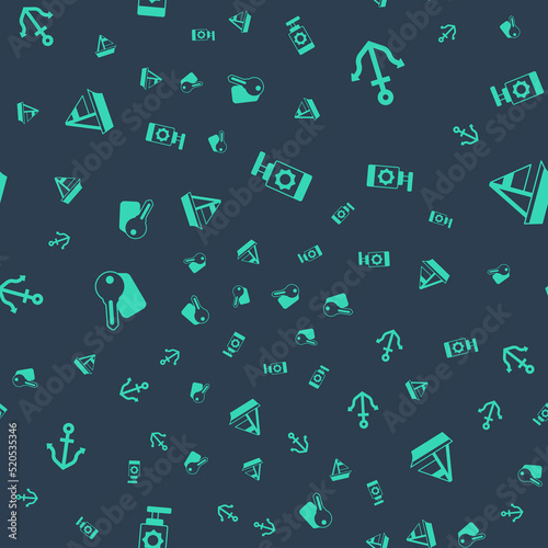Set Sunscreen spray bottle, Anchor, Hotel door lock key and Yacht sailboat on seamless pattern. Vector