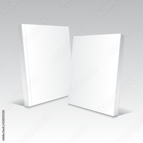 Blank white lean standing softcover thin books or magazines mockup template. Isolated on gradient gray background with shadow. Ready to use for your business. Realistic vector illustration.