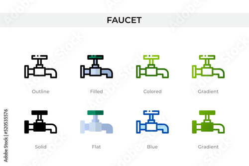 Faucet icon in different style. Faucet vector icons designed in outline, solid, colored, filled, gradient, and flat style. Symbol, logo illustration. Vector illustration
