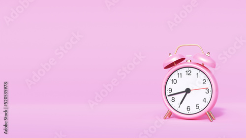 Pink alarm clock on pink empty background. Modern design, 3d rendering. Minimalistic still life. Creative layout. Concept art