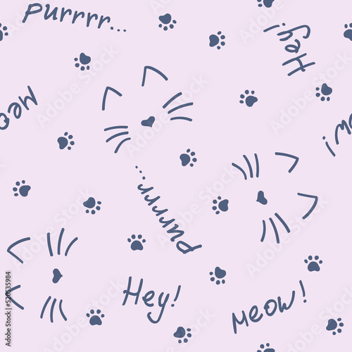 Vector seamless pattern with cats, cat footprints and words meow, purr, hey! Dark elements on a very light magenta background. Can be used for wallpaper, gift wrapping, fabric and other materials.