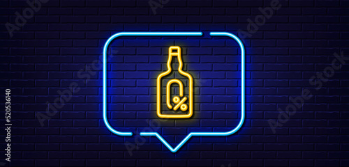 Neon light speech bubble. Alcohol free line icon. Whiskey bottle sign. Bar drink symbol. Neon light background. Alcohol free glow line. Brick wall banner. Vector
