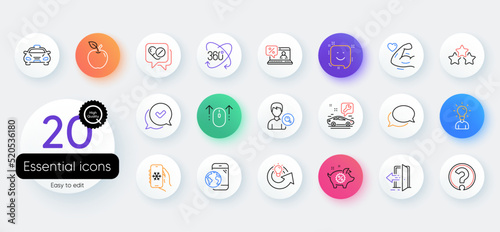 Simple set of Apple, Online loan and Swipe up line icons. Include Piggy sale, Search people, Messenger icons. Medical drugs, Car service, Mobile internet web elements. Education. Vector