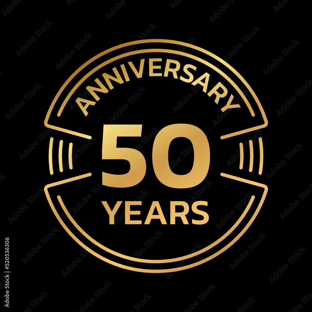 50th Anniversary golden logo or icon. 50 years round stamp design. Birthday celebrating, jubilee circle badge or label template. Vector illustration.