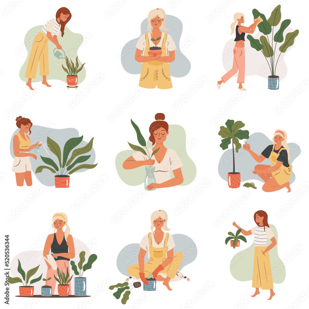 Woman taking care of a plant set. Vector concept illustration
