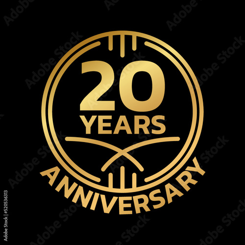 20th Anniversary golden logo or icon. 20 years round stamp design. Birthday celebrating, jubilee circle badge or label template. Vector illustration.
