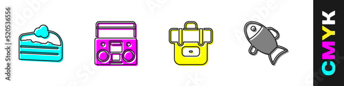 Set Piece of cake, Home stereo with two speakers, Hiking backpack and Fish icon. Vector