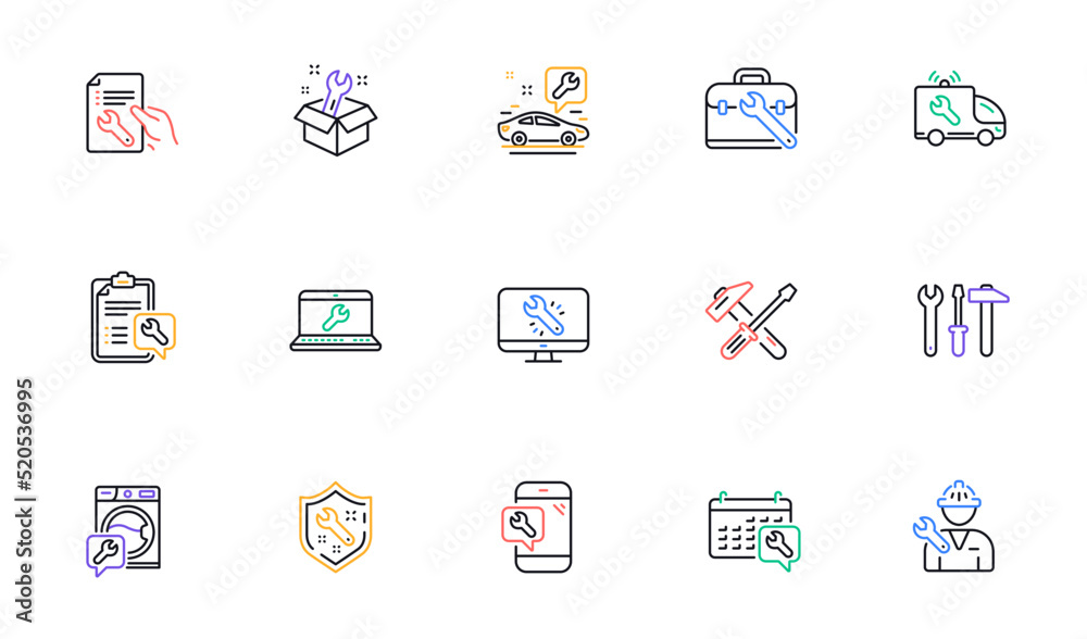 Repair line icons. Hammer, Screwdriver and Spanner tool. Washing machine repair linear icon set. Bicolor outline web elements. Vector