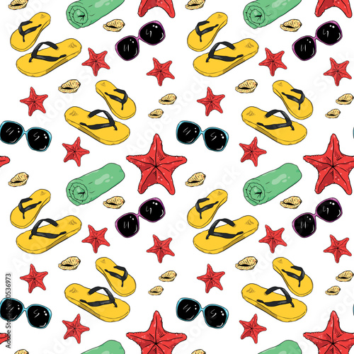 Vector seamless pattern of beach objects. Red starfish, flip-flops, towel, shell and sunglasses.