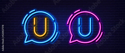 Initial letter U icon. Neon light line effect. Line typography character sign. Large first font letter. Glowing neon light speech bubble. Letter U glow 3d line. Brick wall banner. Vector