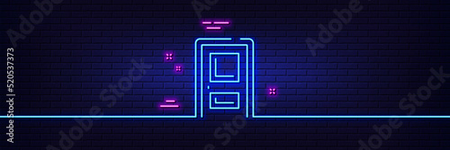 Neon light glow effect. Entrance line icon. Entry door sign. Building exit symbol. 3d line neon glow icon. Brick wall banner. Entrance outline. Vector