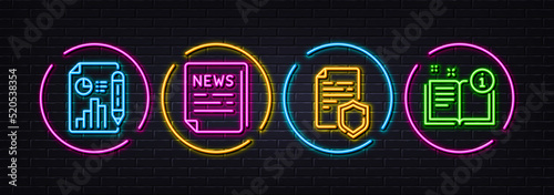 Fake news, Data security and Report document minimal line icons. Neon laser 3d lights. Manual icons. For web, application, printing. Wrong information, Secure document, Growth chart. Read book. Vector