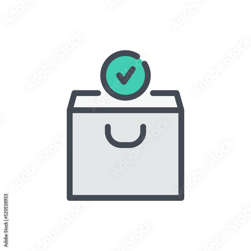Shopping bag with check mark in circle color line icon. Purchase confirmation vector outline colorful sign.