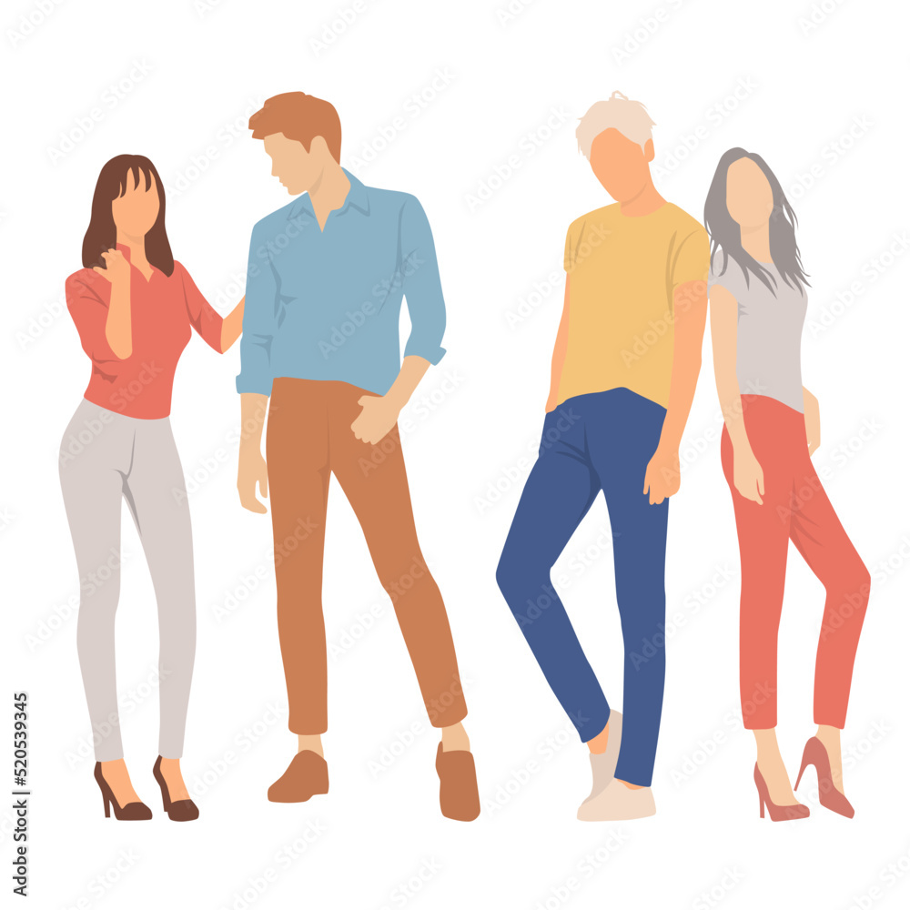 Set of young men and women, different colors, cartoon character, group of silhouettes of walking business people, students, the design concept of flat icon, isolated on white background Set of young men and women, different colors, cartoon character, group of silhouettes of walking business people, students, the design concept of flat icon, isolated on white background