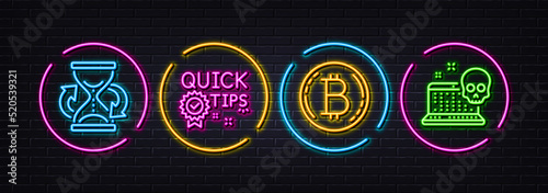 Quick tips, Bitcoin and Hourglass minimal line icons. Neon laser 3d lights. Cyber attack icons. For web, application, printing. Helpful tricks, Cryptocurrency coin, Sand watch. Vector