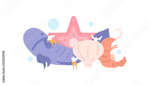marine products. people celebrate feasts and enjoy abundant seafood. harvest from the sea. starfish, fish, shrimp, shellfish. flat cartoon illustration. vector concept design. can be used for website