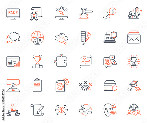 Education icons set. Included icon as Clipboard, Correct answer and Judge hammer web elements. Project deadline, Fake internet, Dollar exchange icons. Certificate, Work home. Vector