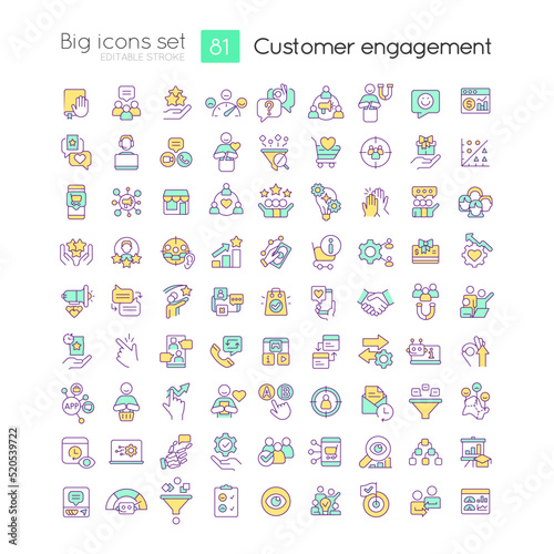 Customer engagement RGB color icons set. Ecommerce. Marketing strategies. Isolated vector illustrations. Simple filled line drawings collection. Editable stroke. Quicksand-Light font used