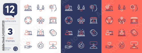 Set of Equity, Interview job and Sharing economy line icons. Include Like hand, Market seller, Inclusion icons. Online chemistry, Love ticket, Hold heart web elements. Online education. Vector