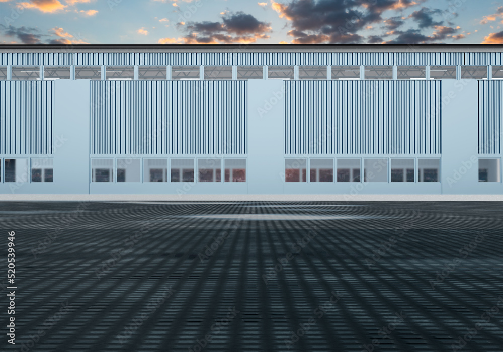 Fototapeta premium Industrial background. Concrete platform in front of industrial buildings. Area for unloading or parking. Hangar exterior for Industrial company. Renting building for factory concept. 3d image.