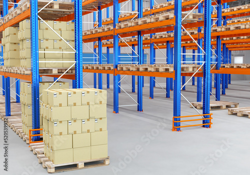 Warehouse space. Warehouse rental. Spacious industrial warehouse. Pallets With boxes next to rack. Area for storage of manufactured products. Rent of territory for storage of products. 3d rendering.