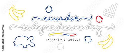 Ecuador independence day handwritten lettering typography calligraphy with abstract Ecuador flag ribbon and symbols tortoise, rondador, bananas, flowers isolated on white background