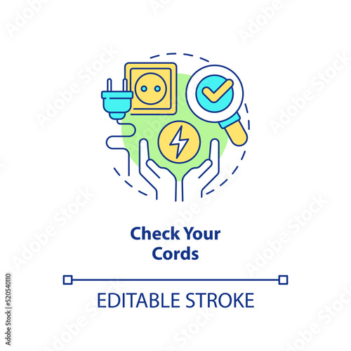 Check your cords concept icon. Electricity plug. Energy efficiency at home abstract idea thin line illustration. Isolated outline drawing. Editable stroke. Arial, Myriad Pro-Bold fonts used