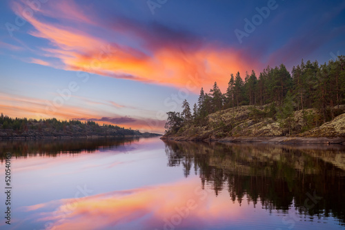 Karelian landscapes. Ladoga lake. Regions Russia. Pine trees on shore Lake Ladoga. Sunset in wild. Rocky coast Karelian lakes. Pine forest is reflected in water. Karelian Republic. Russian Federation photo