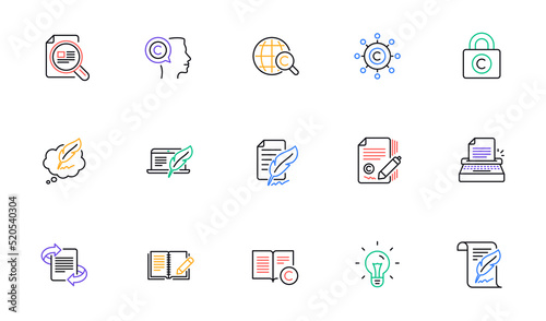 Copywriting line icons. Copyright, Typewriter and Feedback. Legal content linear icon set. Bicolor outline web elements. Vector
