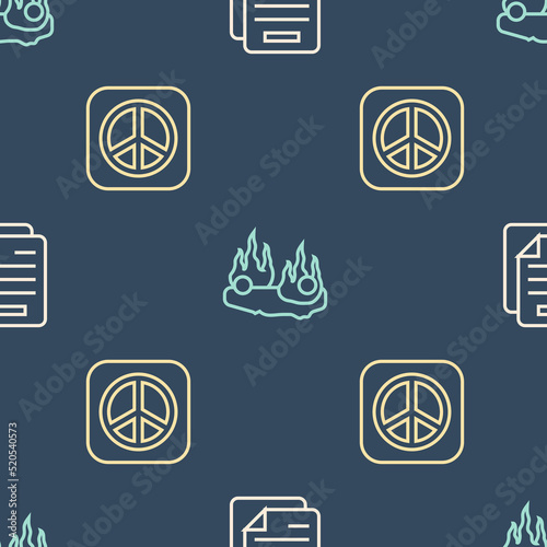 Set line Document, Peace and Burning car on seamless pattern. Vector