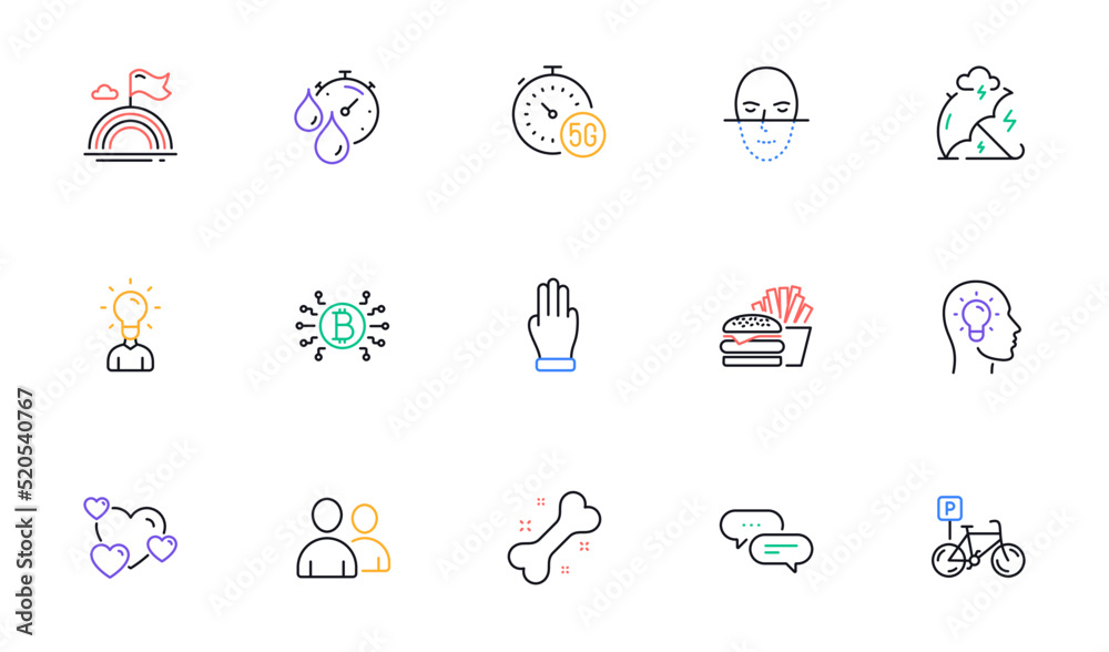 Face recognition, Heart and Burger line icons for website, printing. Collection of 5g internet, Timer, Users icons. Lgbt, Bicycle parking, Idea head web elements. Education. Vector