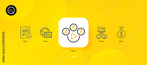 Work home, Checked calculation and Contactless payment minimal line icons. Yellow abstract background. Video conference, Web photo icons. For web, application, printing. Vector