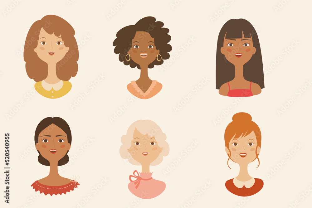 Set of women avatar icons. White, black, asian woman portrait.Team icons collection. Vector illustration. Set of women avatar icons. White, black, asian woman portrait.Team icons collection. Vector illustration.