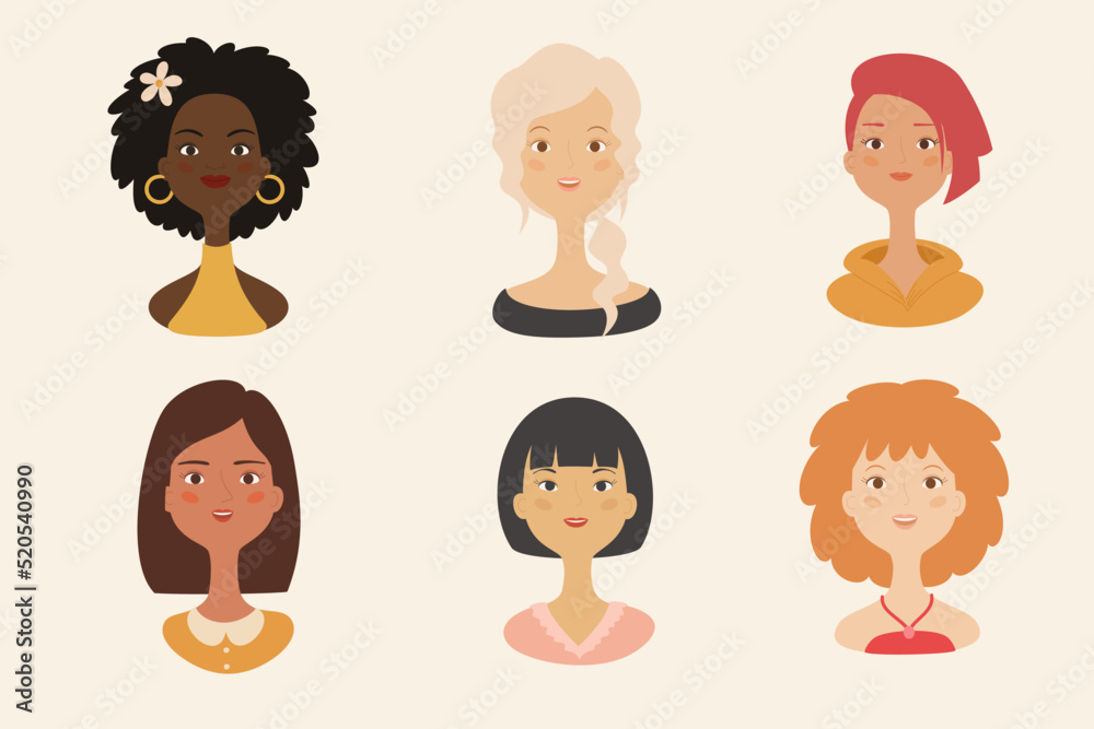Set of women avatar icons. White, black, asian woman portrait.Team icons collection. Vector illustration. Set of women avatar icons. White, black, asian woman portrait.Team icons collection. Vector illustration.