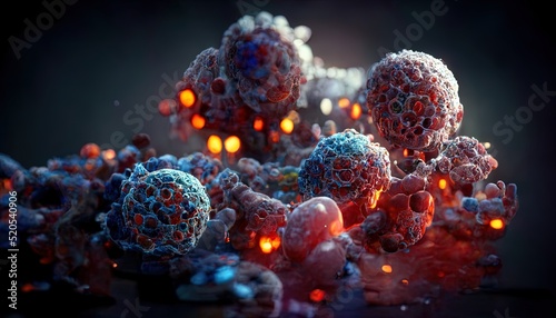 A new generation of dangerous corona flu floating pathogen respiratory influenza virus cell microscopic view. Illustration.