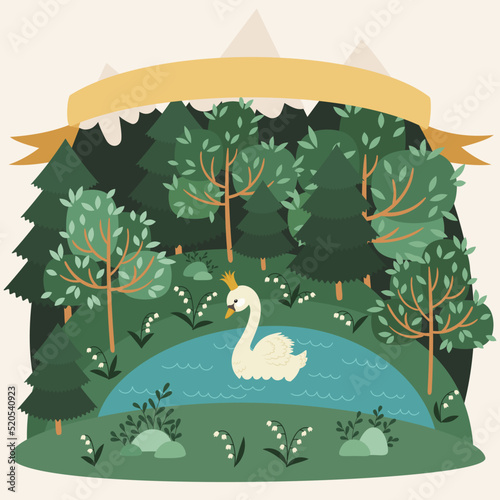 Fairytale princess swan with crown , swimming on the pond or lake in the forest. Cute hand-drawn illustration. Trees, flowers, and bushes in the background. Cartoon vector illustration concept.