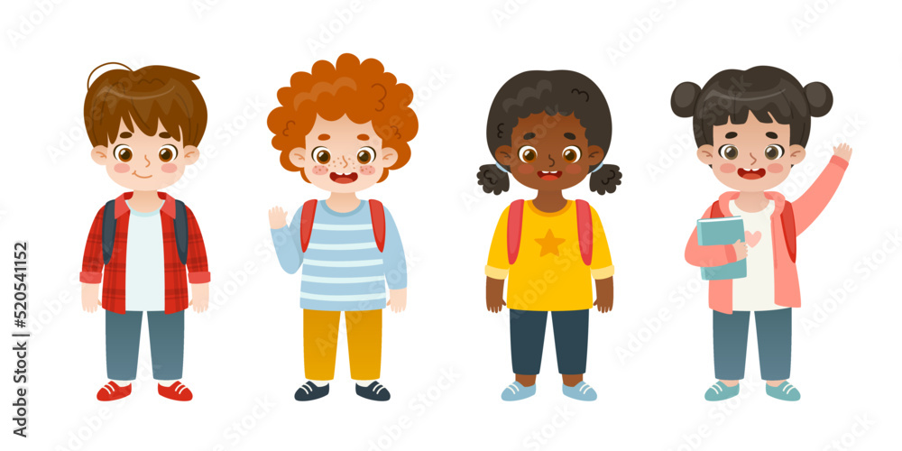 Set of diverse school children. Happy cartoon kids standing. Cute pupils collection. Set of diverse school children. Happy cartoon kids standing. Cute pupils collection.