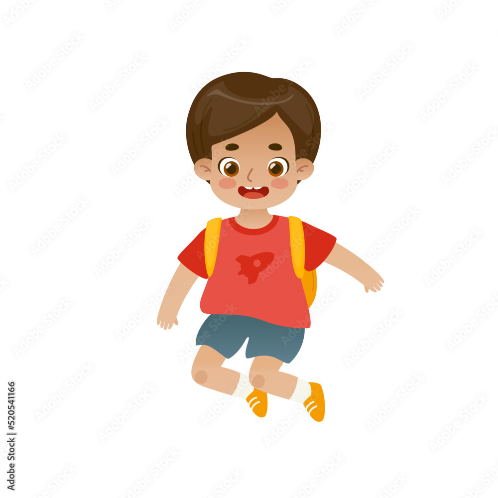 Cute jumping school boy with backpack. Adorable playful kid. Cartoon little student. Cute jumping school boy with backpack. Adorable playful kid. Cartoon little student.
