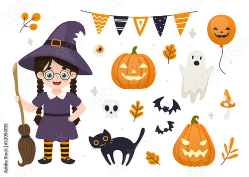 Cute little witch girl and halloween decoration set. Collection of halloween decor and kid in costume.
