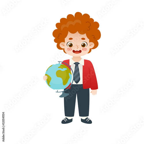 Cute school boy in uniform standing with globe. Happy cartoon student with world map. Adorable red hair pupil.