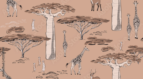 savannah landscape: giraffe ,ground squirrel , antilope in wild nature, african plants, baobab tree seamless pattern  . Vector