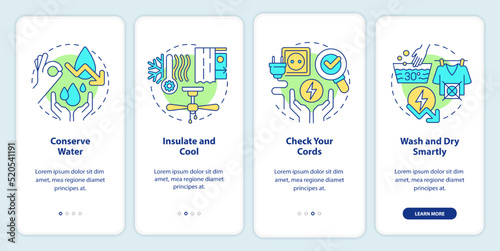 Energy efficiency at home onboarding mobile app screen. Walkthrough 4 steps editable graphic instructions with linear concepts. UI, UX, GUI template. Myriad Pro-Bold, Regular fonts used