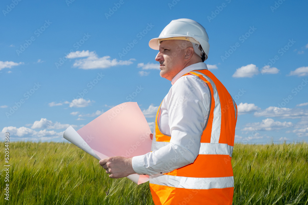 Contruction Paper Man Man in builder uniform. Builder with sheet paper. Concept preparation ...