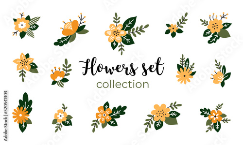 Blooming flowers collection. Hand drawn romantic flowers composition in pastel colors for baby