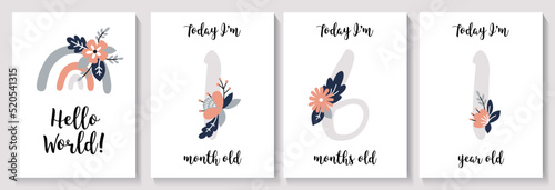 Baby shower print with cute flowers capturing all the special moments. Baby milestone number cards. Vector illustrations