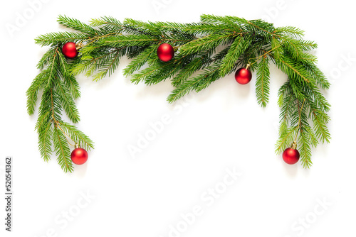 christmas decorations with fir branches and red toy balls, isolated