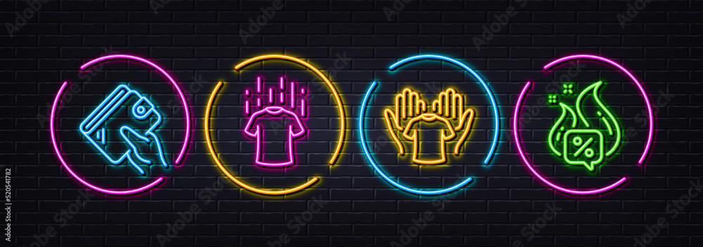 Wallet, Dry t-shirt and Hold t-shirt minimal line icons. Neon laser 3d lights. Hot offer icons. For web, application, printing. Money budget, Laundry shirt, Sale discount. Neon lights buttons. Vector Wallet, Dry t-shirt and Hold t-shirt minimal line icons. Neon laser 3d lights. Hot offer icons. For web, application, printing. Money budget, Laundry shirt, Sale discount. Neon lights buttons. Vector