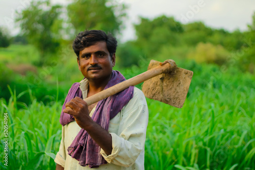 happy farmer is holding shovel in millet field,