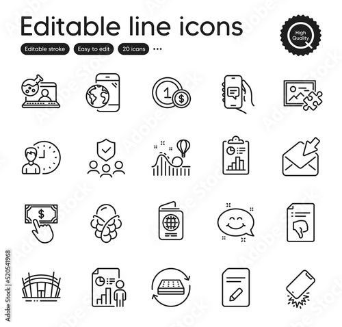 Set of Business outline icons. Contains icons as Smartphone broken, Mattress and Arena stadium elements. Working hours, Usd coins, Thumb down web signs. Payment click, Passport. Vector