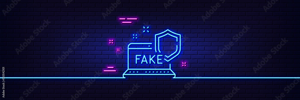 Neon light glow effect. Fake internet line icon. Web propaganda sign. Wrong truth symbol. 3d line neon glow icon. Brick wall banner. Fake internet outline. Vector